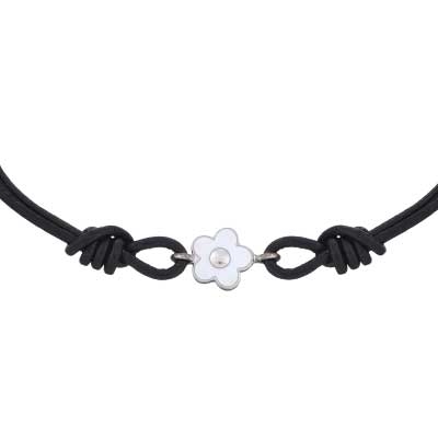 Billede af Halskæde i Læder med hvid Blomst i Sølv