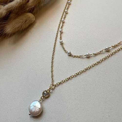 Collier i forgyldt Sølv med Perler og Zirkoniasten