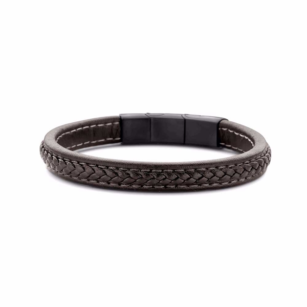 Brunt flette læderarmbånd og stållås - 21 cm