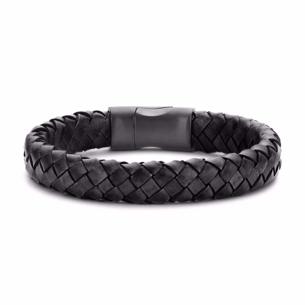 Frank 1967 Sort Flettet Læderarmbånd med Sort Stållås - 20 cm