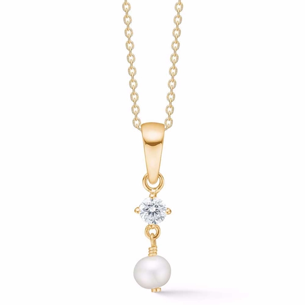 Forgyldt Sølv Halskæde med Perle og Zirkonia Vedhæng