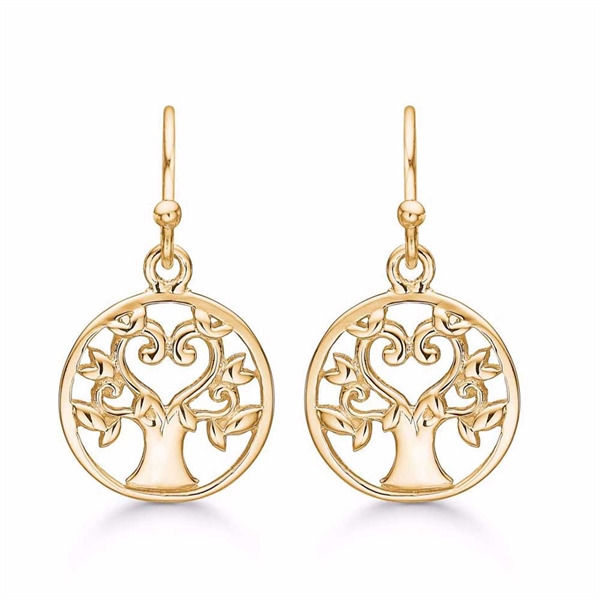 Ørehænger i Forgyldt Sølv med Livets Træ og Hjerte
