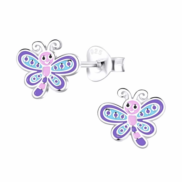 Ørestikker i Sølv med farverige Sommerfugle
