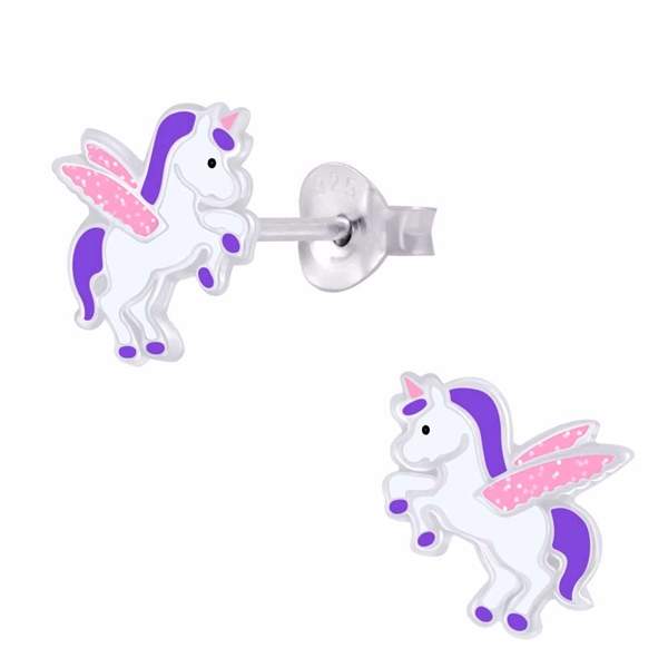 Sølv Ørestikker med Springende Enhjørning - Emaljeret