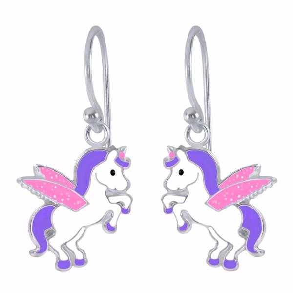 Sølv Ørehænger med Enhjørning - Emaljeret i Pink og Lilla