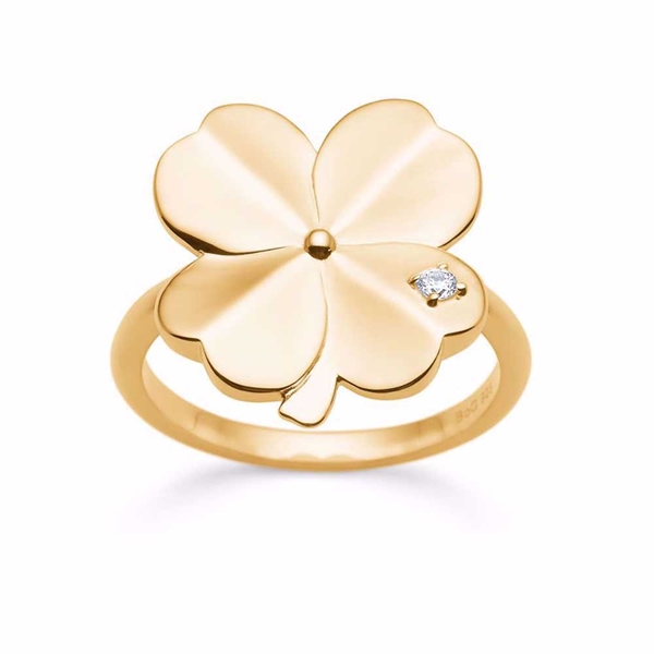 Ring i forgyldt Sølv med Firkløver og Zirkonia