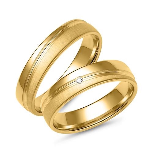 Vielsesringe i 14 kt. Guld med Diamant 0,01 ct - Mat & Poleret Design